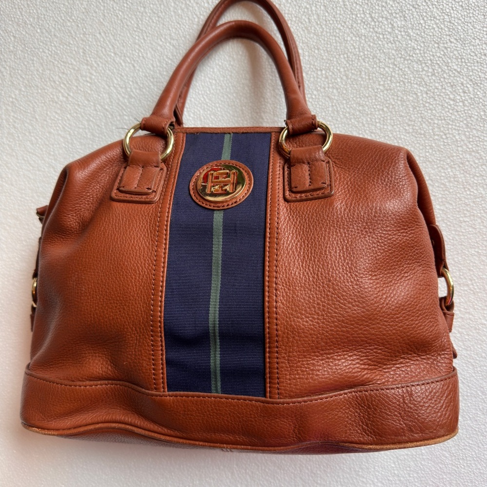 Tommy Hilfiger Brown Leather Satchel with Navy Stripe